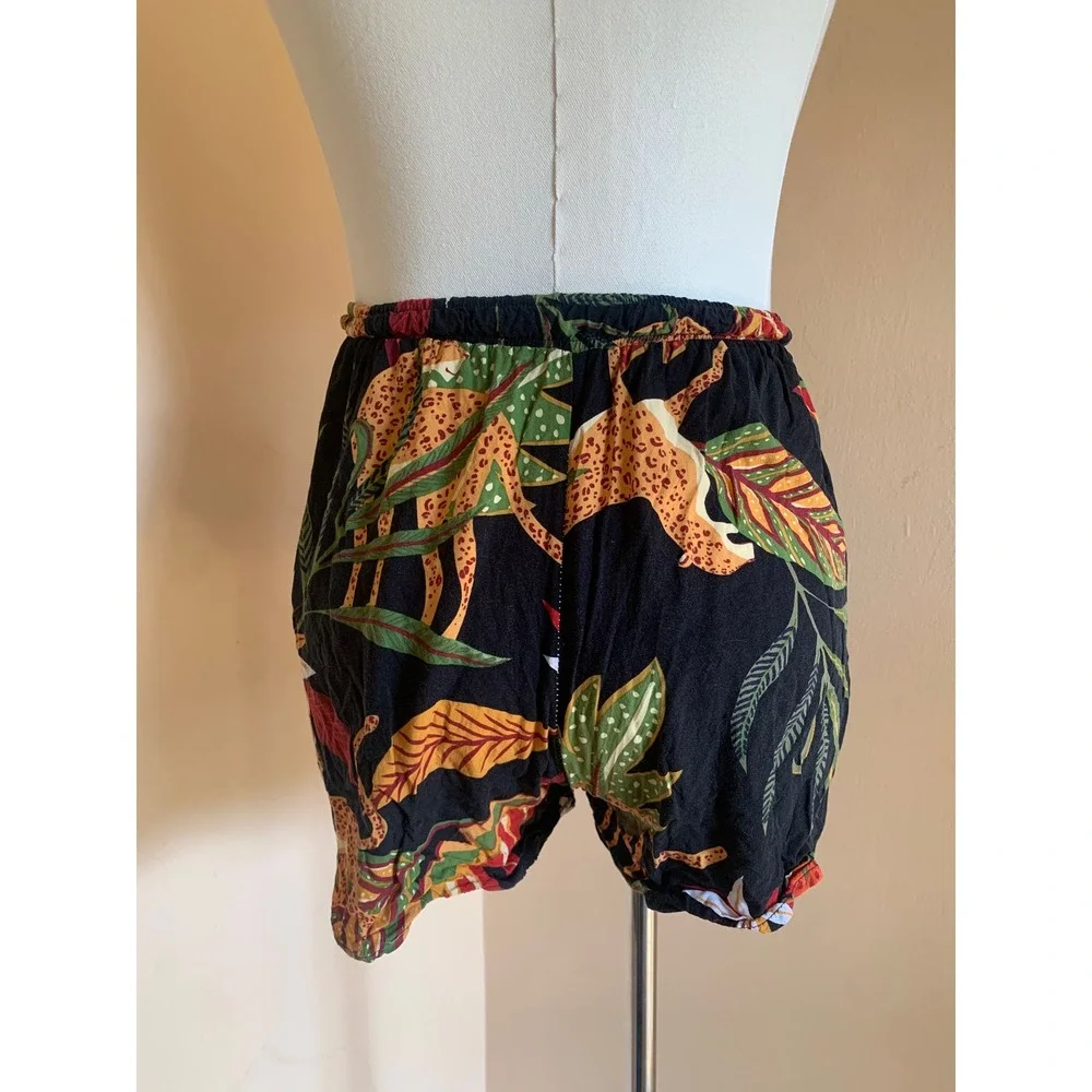 Tropical Leopard Print Shorts Black Elastic Waist Beachwear Summer